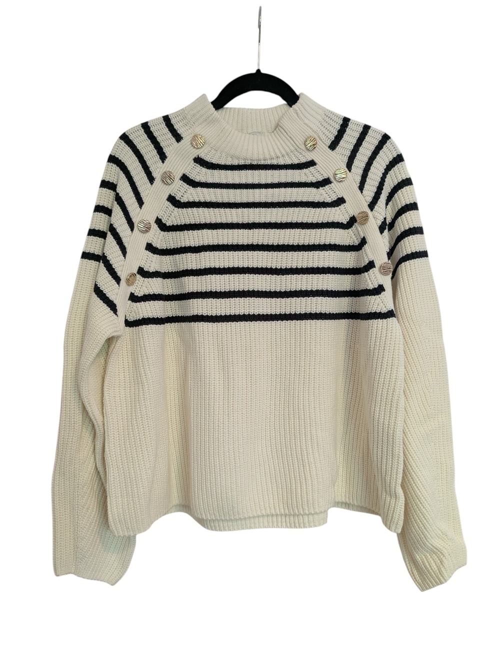 H&M Cream Sweater with Black Stripes and Gold Buttons - XL